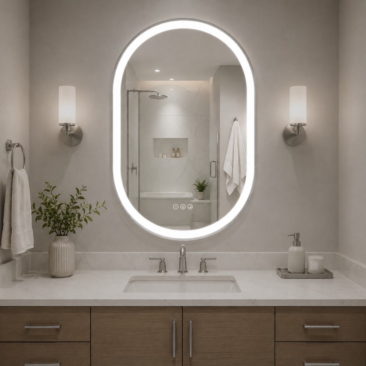 Elston 22" x 32" pill front lit LED mirror with Brushed Gold frame