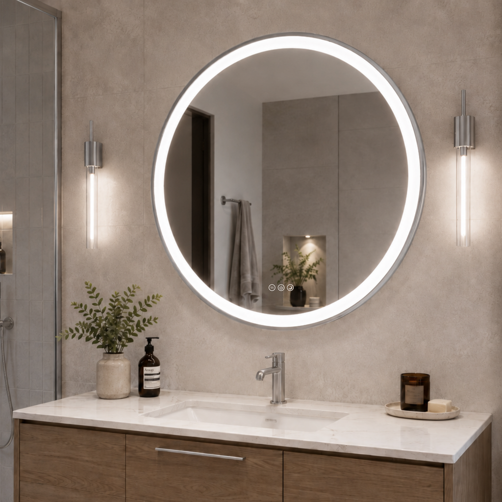 Elston 28" round front lit LED mirror with Brushed Silver frame
