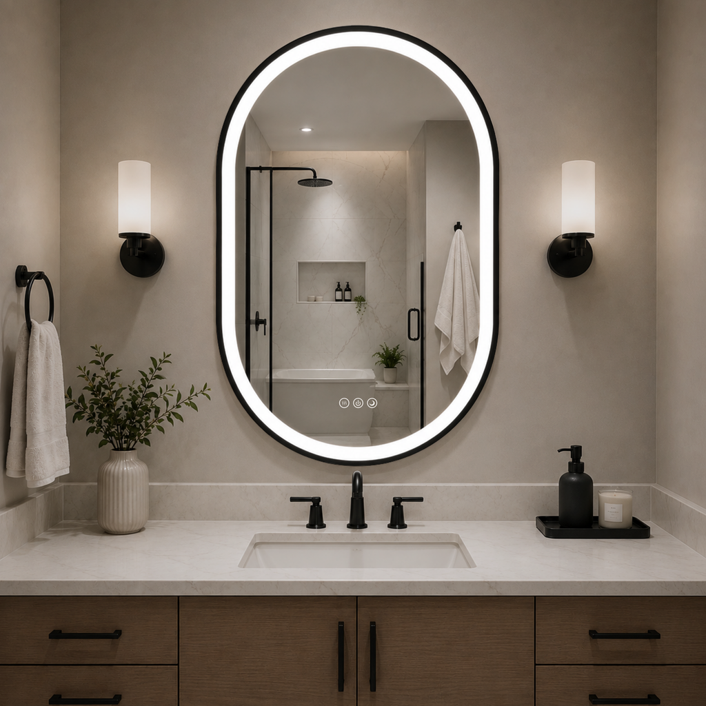 Elston 22" x 32" pill front lit LED mirror with Brushed Gold frame