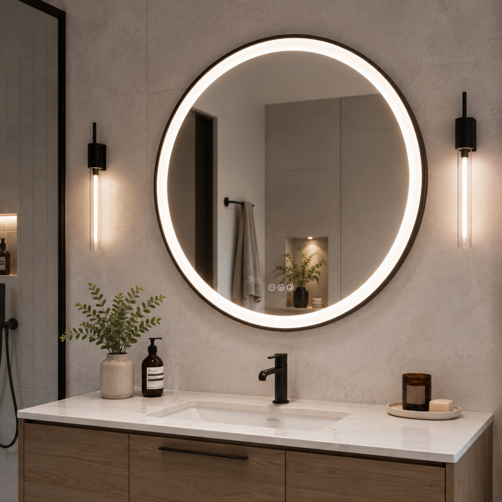 Elston 28" round front lit LED mirror with Brushed Silver frame