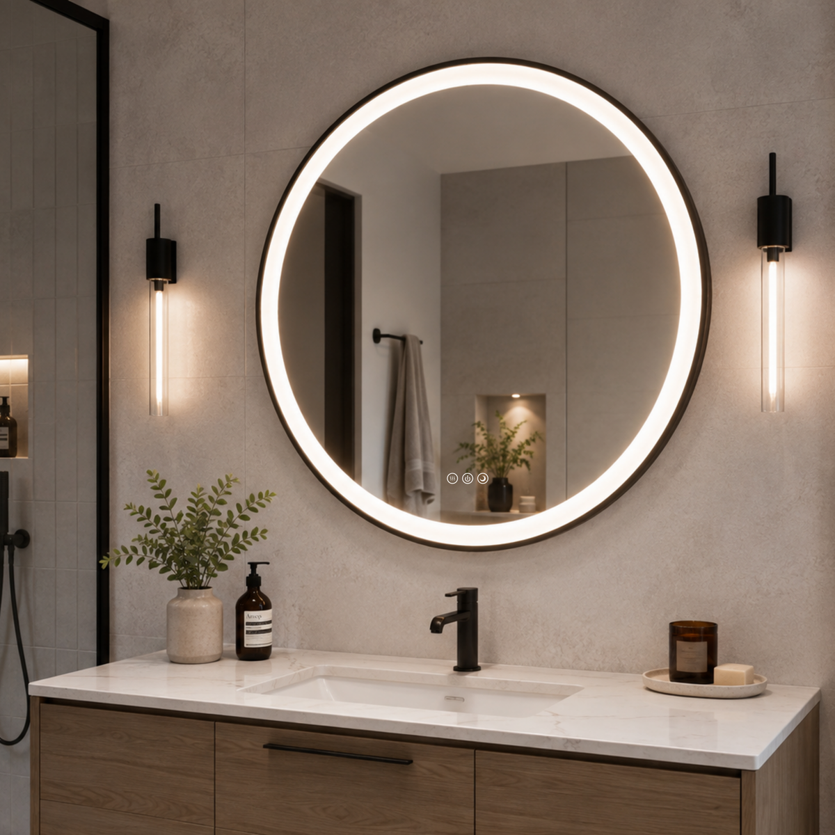 Elston 28" round front  lit LED mirror with Matte Black frame