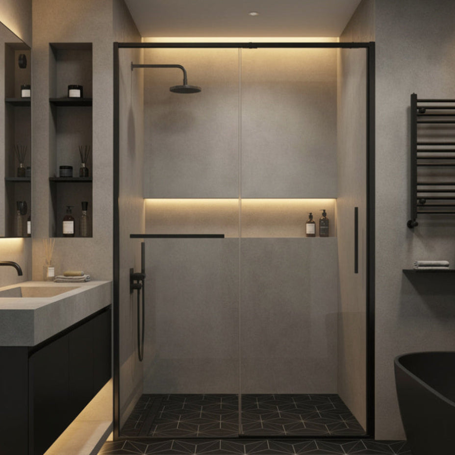 Modern bathroom with a shower enclosure, sink, and shelves.