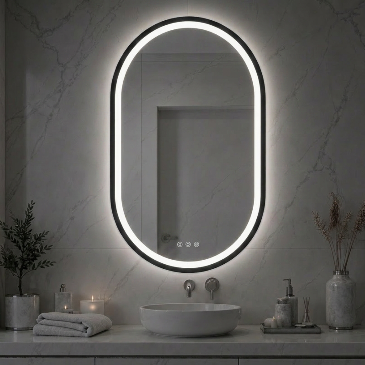 Elston 22" x 32" pill front lit LED mirror with Matte Black frame