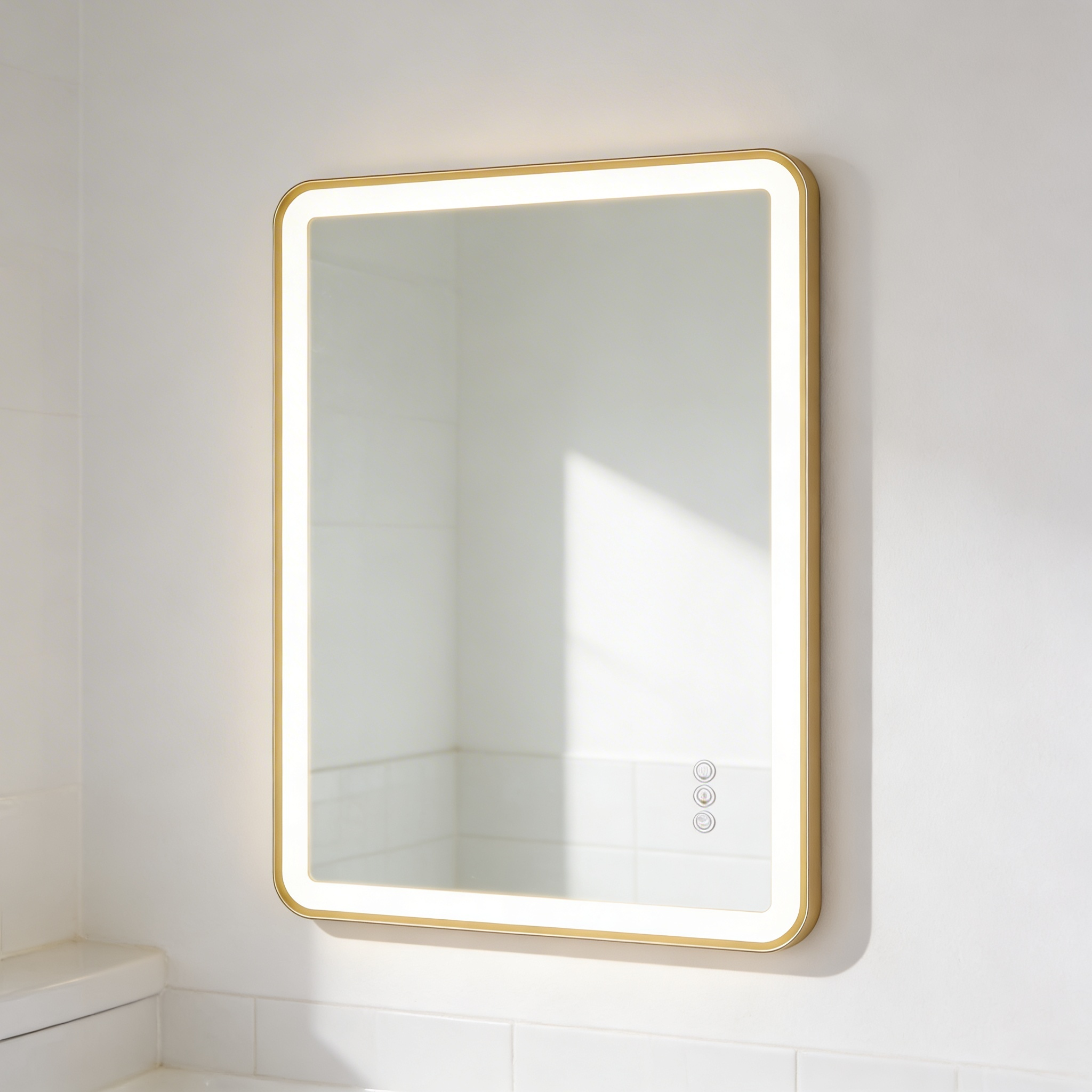 Bathroom mirror with gold frame and LED lighting on a white wall.