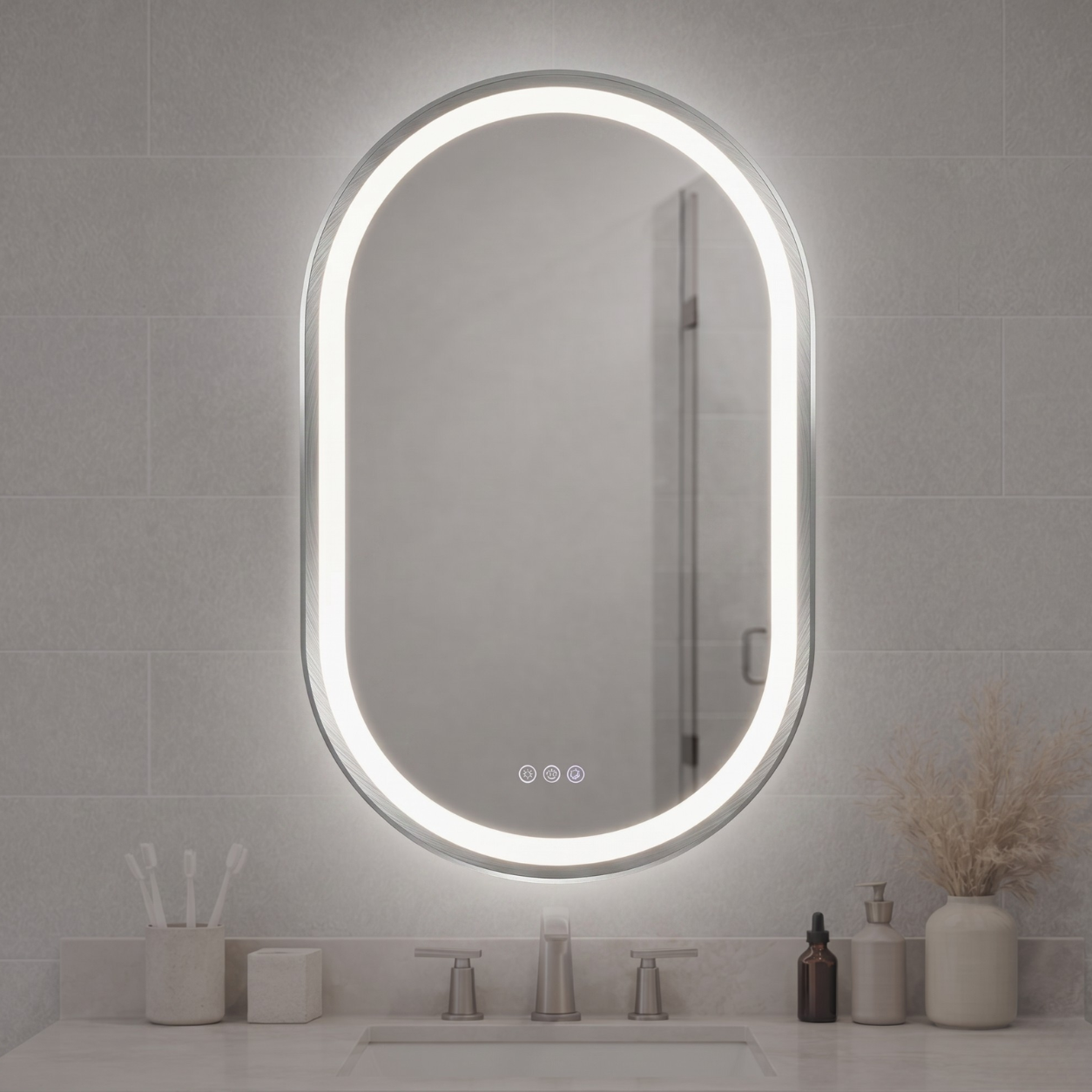 Elston 22" x 32" pill front lit LED mirror with Matte Black frame