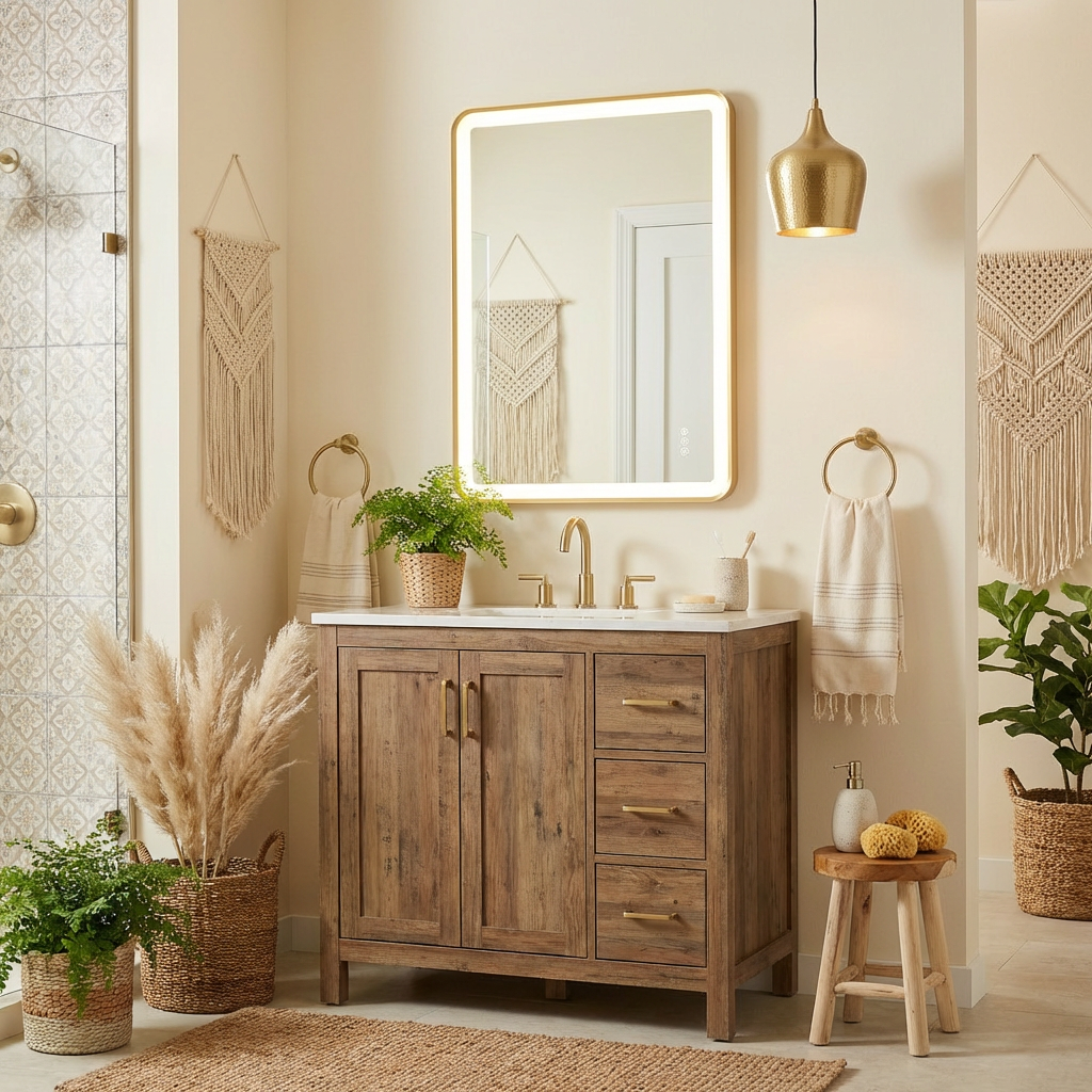 Bathroom with wooden vanity, mirror, and decorative elements