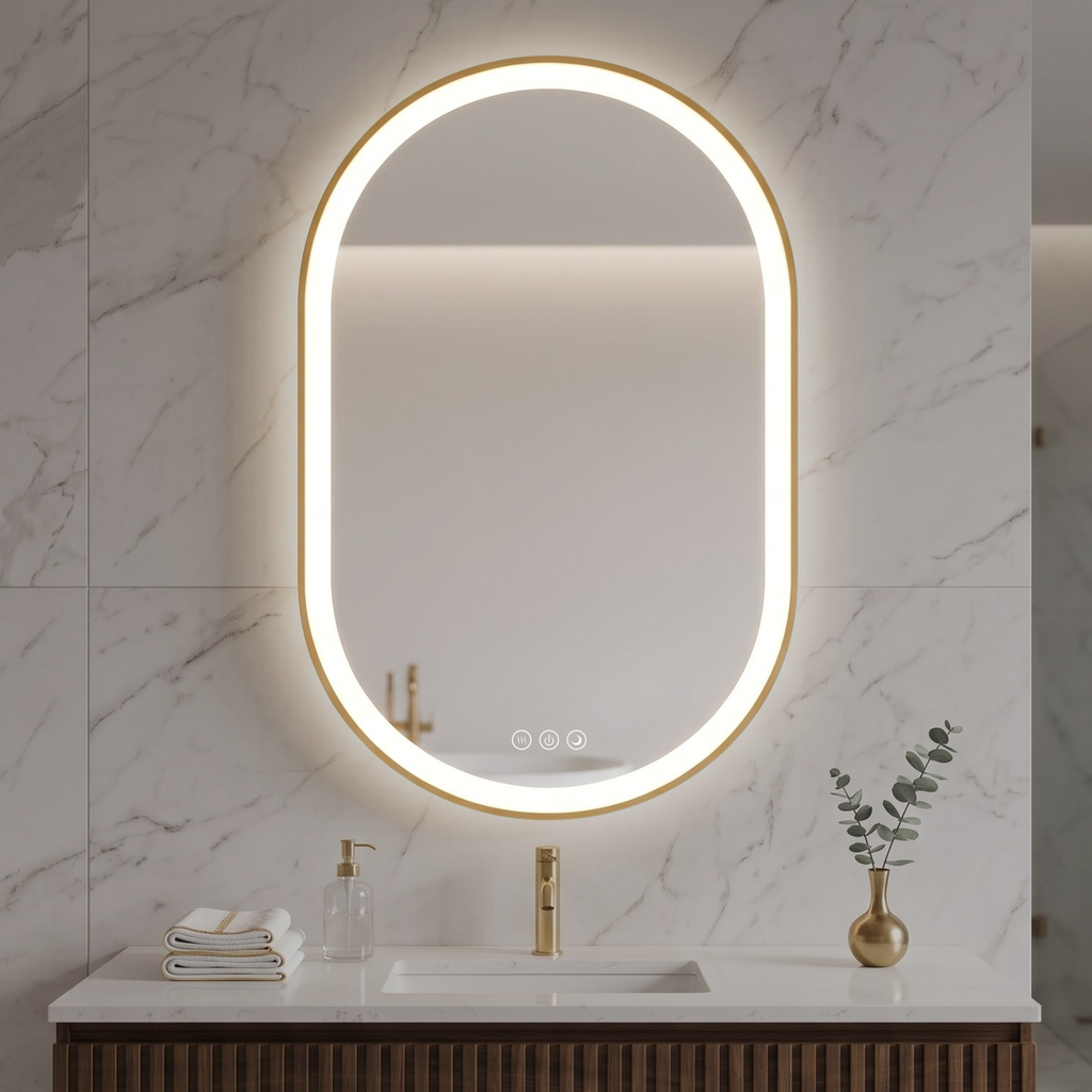 Elston 22" x 32" pill front lit LED mirror with Brushed Gold frame