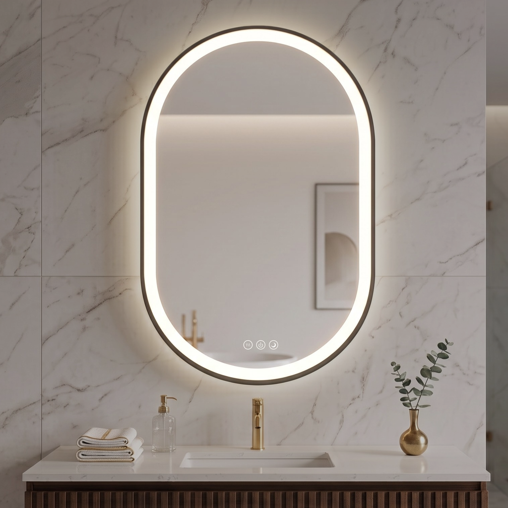 Elston 22" x 32" pill front lit LED mirror with Matte Black frame