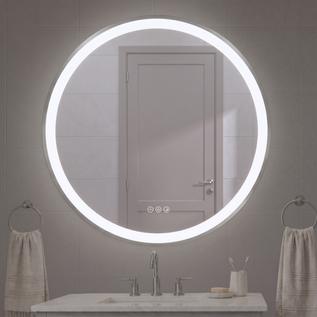 Elston 28" round front lit LED mirror with Brushed Silver frame