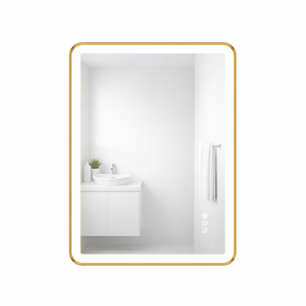 Rectangular LED mirror with a gold frame on a white background