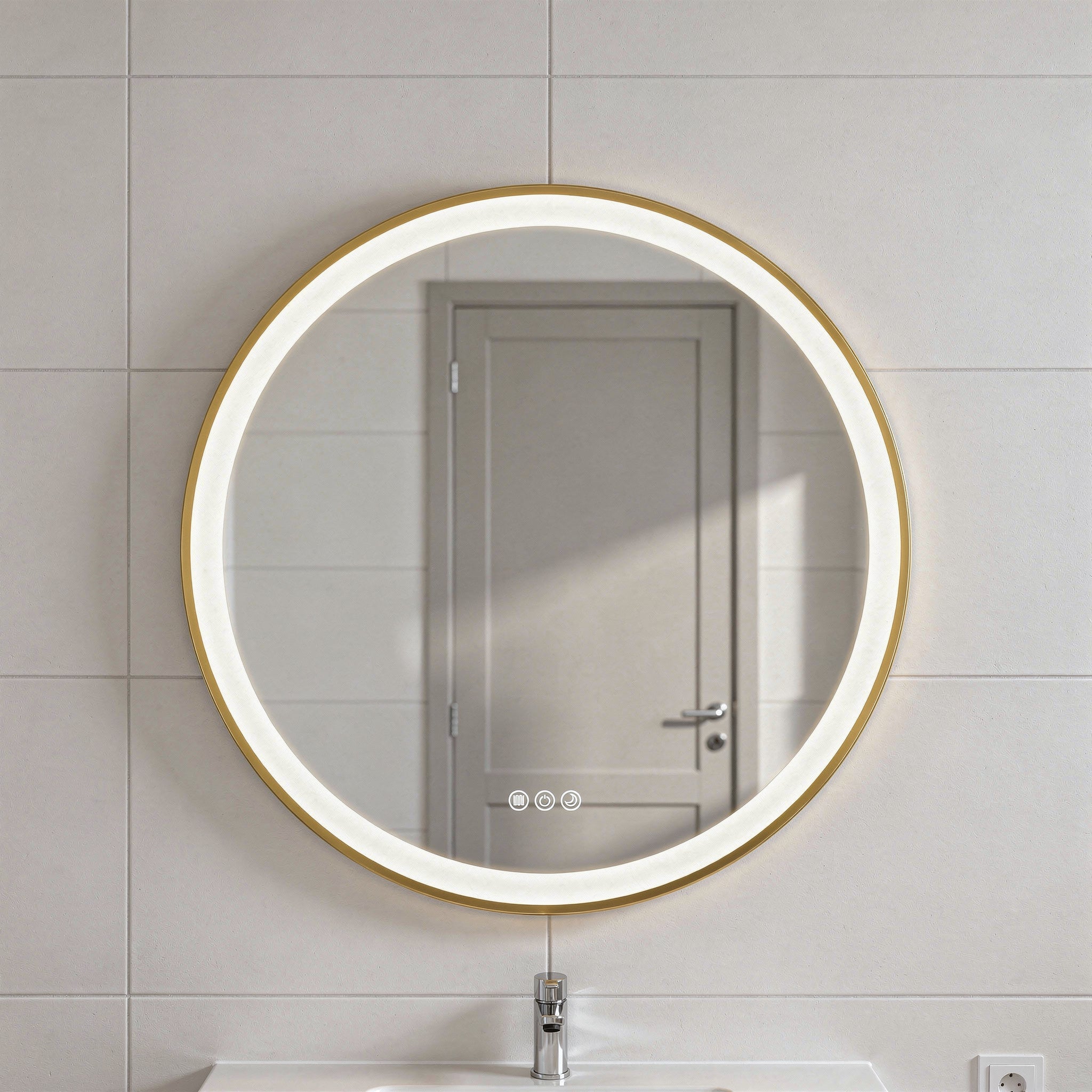 Round illuminated bathroom mirror on a tiled wall