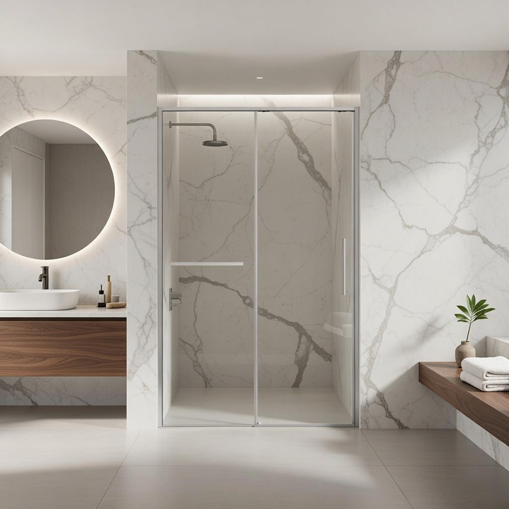 Modern bathroom with marble walls, shower enclosure, and vanity.