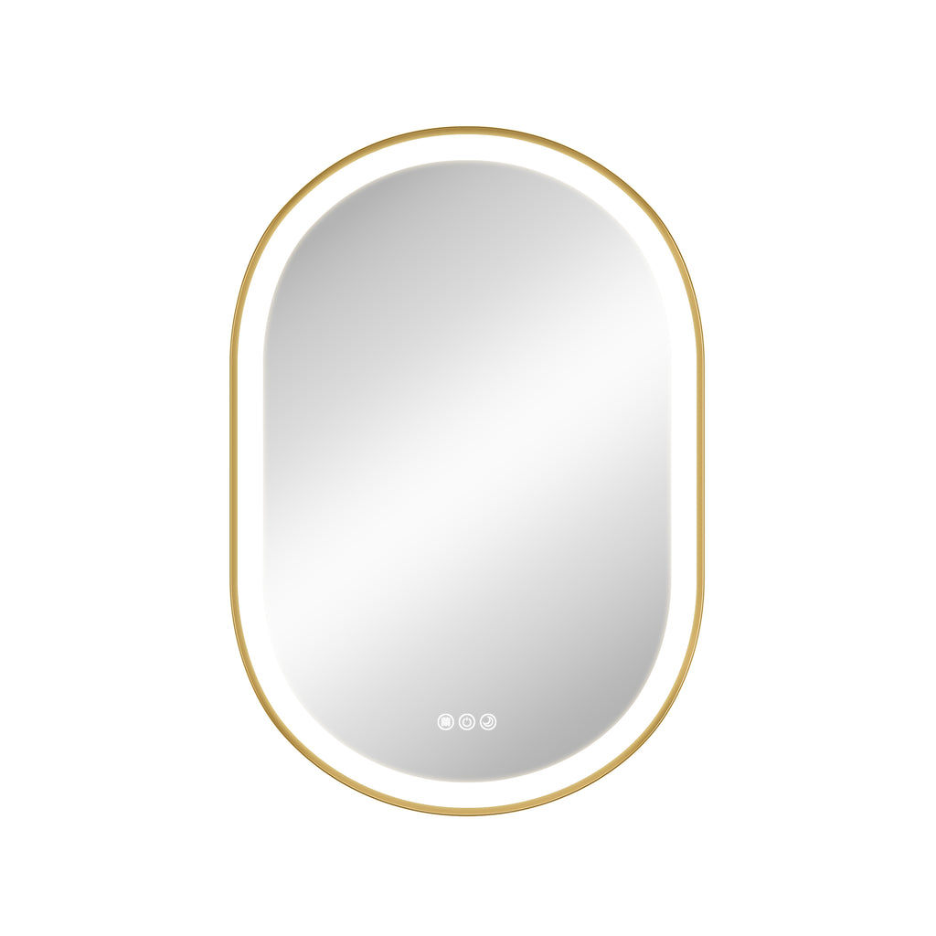 Round mirror with a gold frame on a white background