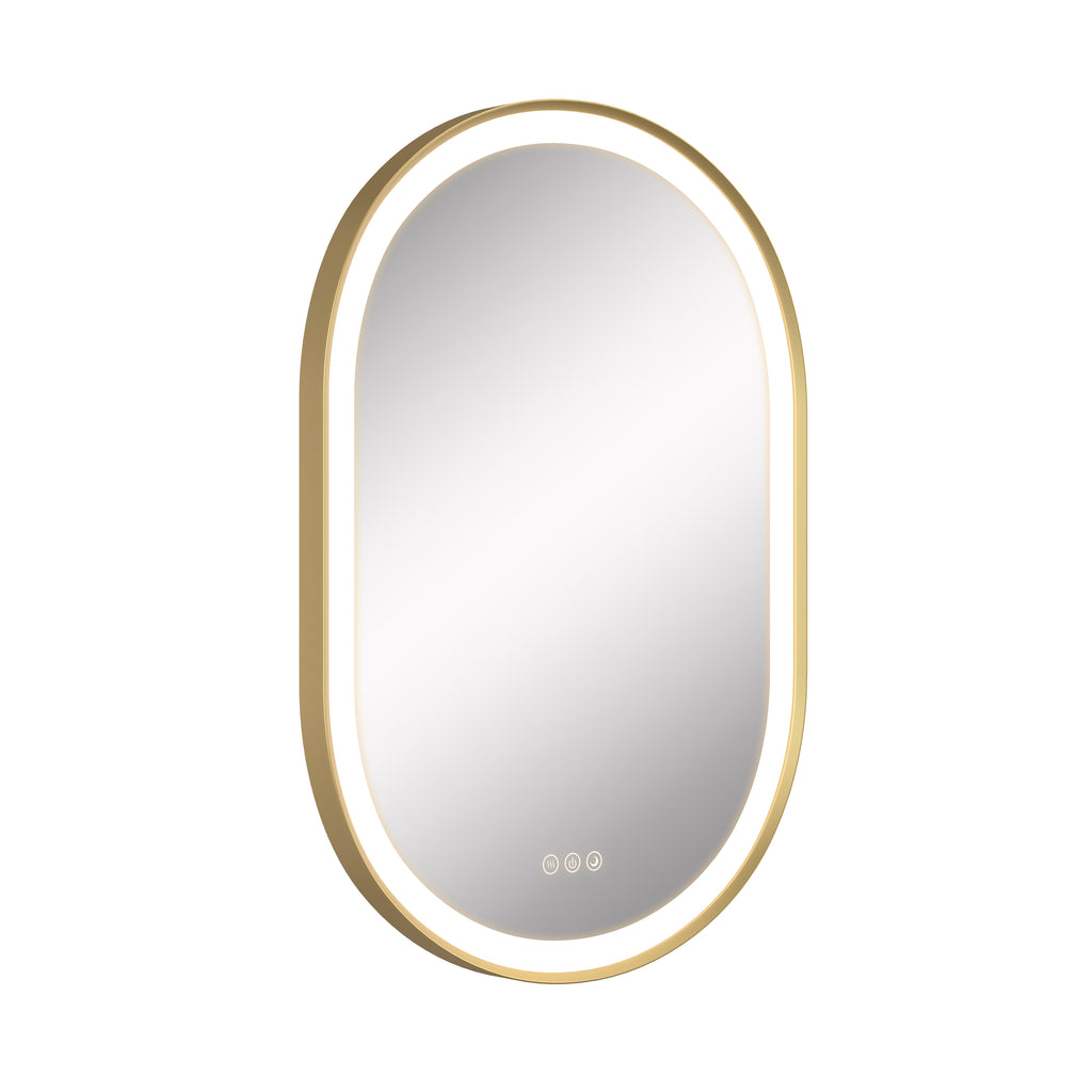 Gold-framed oval mirror on a white background