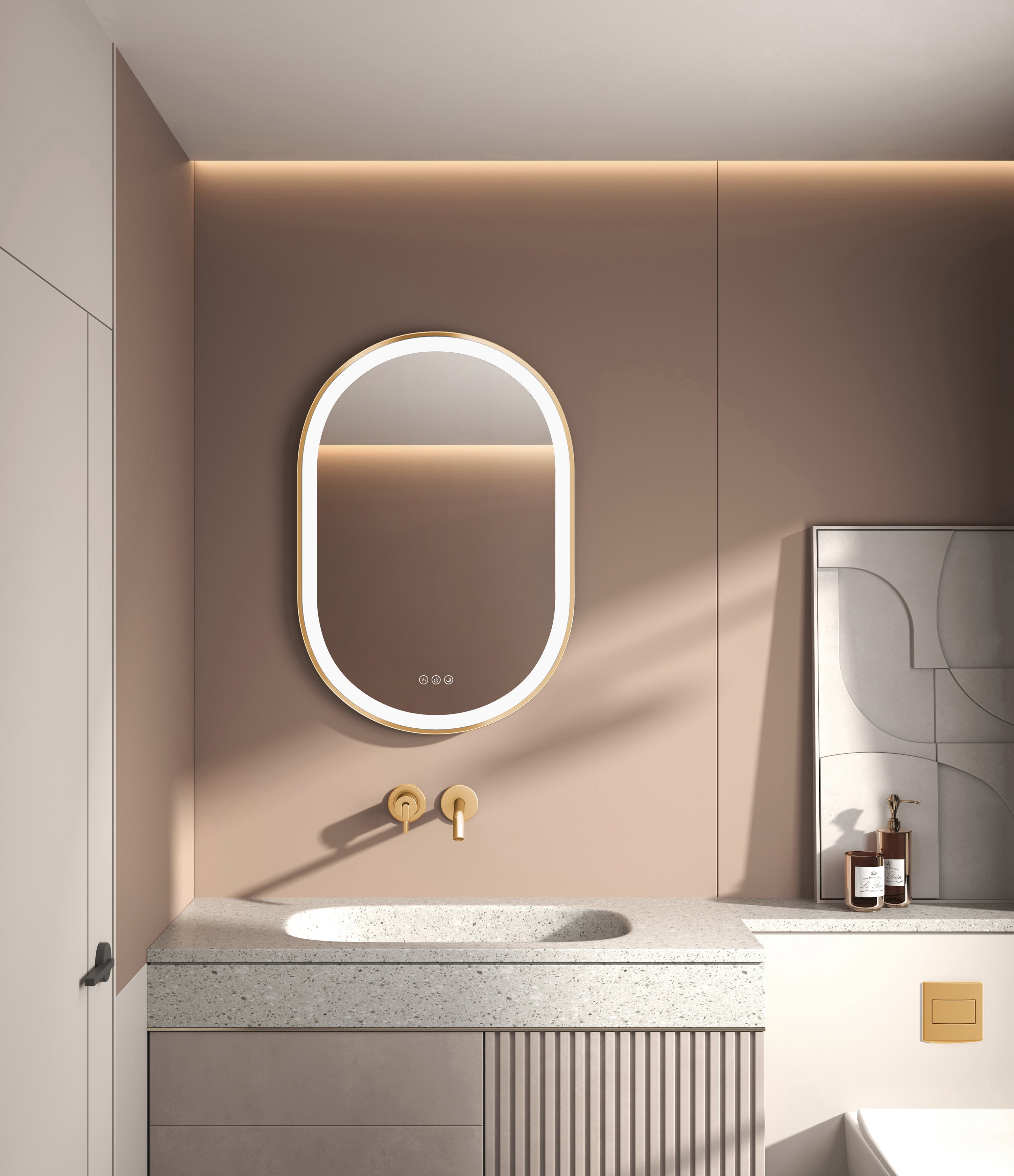 Elston 22" x 32" pill front lit LED mirror with Brushed Gold frame