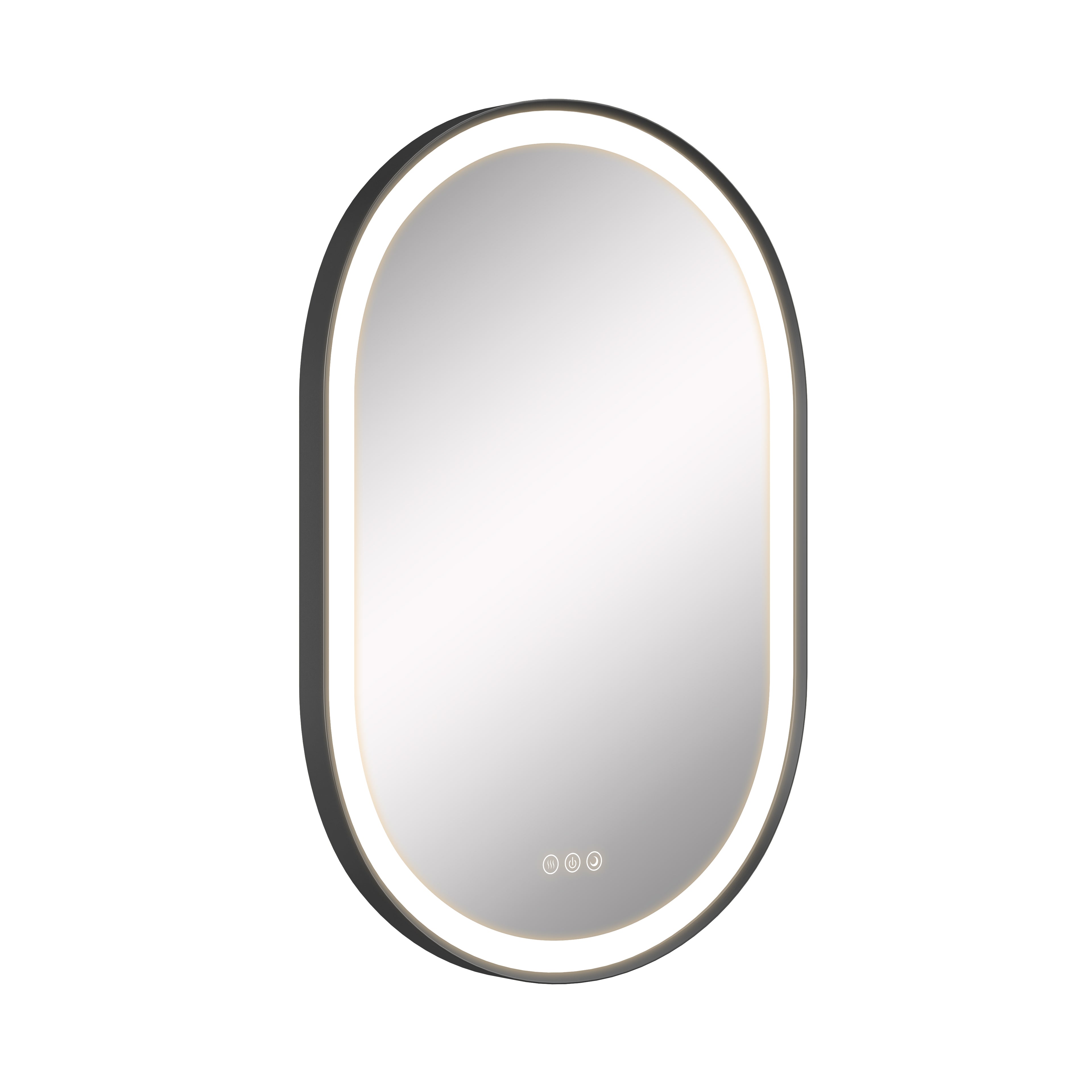 Oval-shaped mirror with black frame on a white background