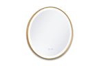 Round electronic device with a gold rim on a white background