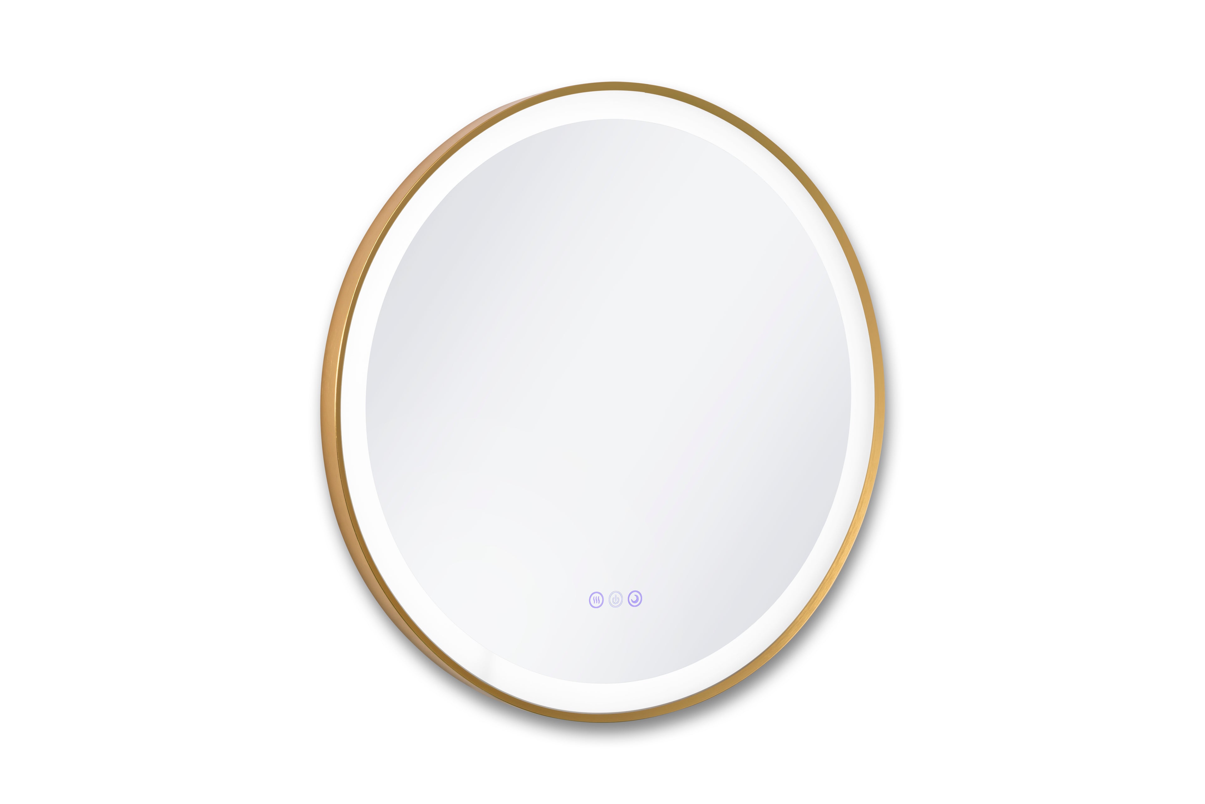 Round electronic device with a gold rim on a white background