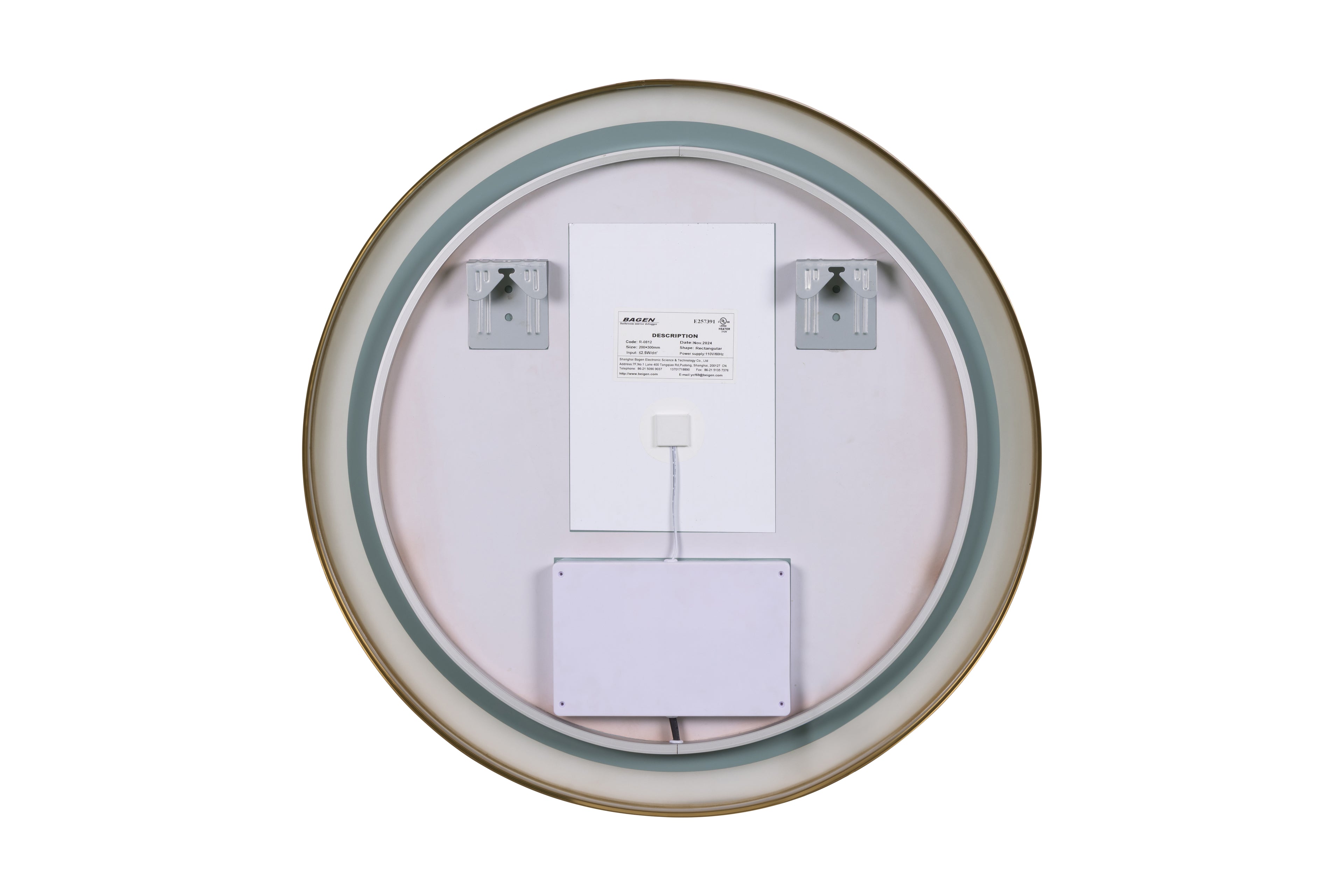 Round electronic device with label on a white background