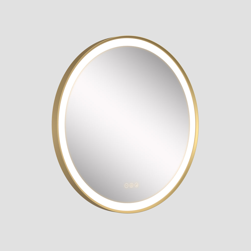 Round mirror with gold frame on a light gray background