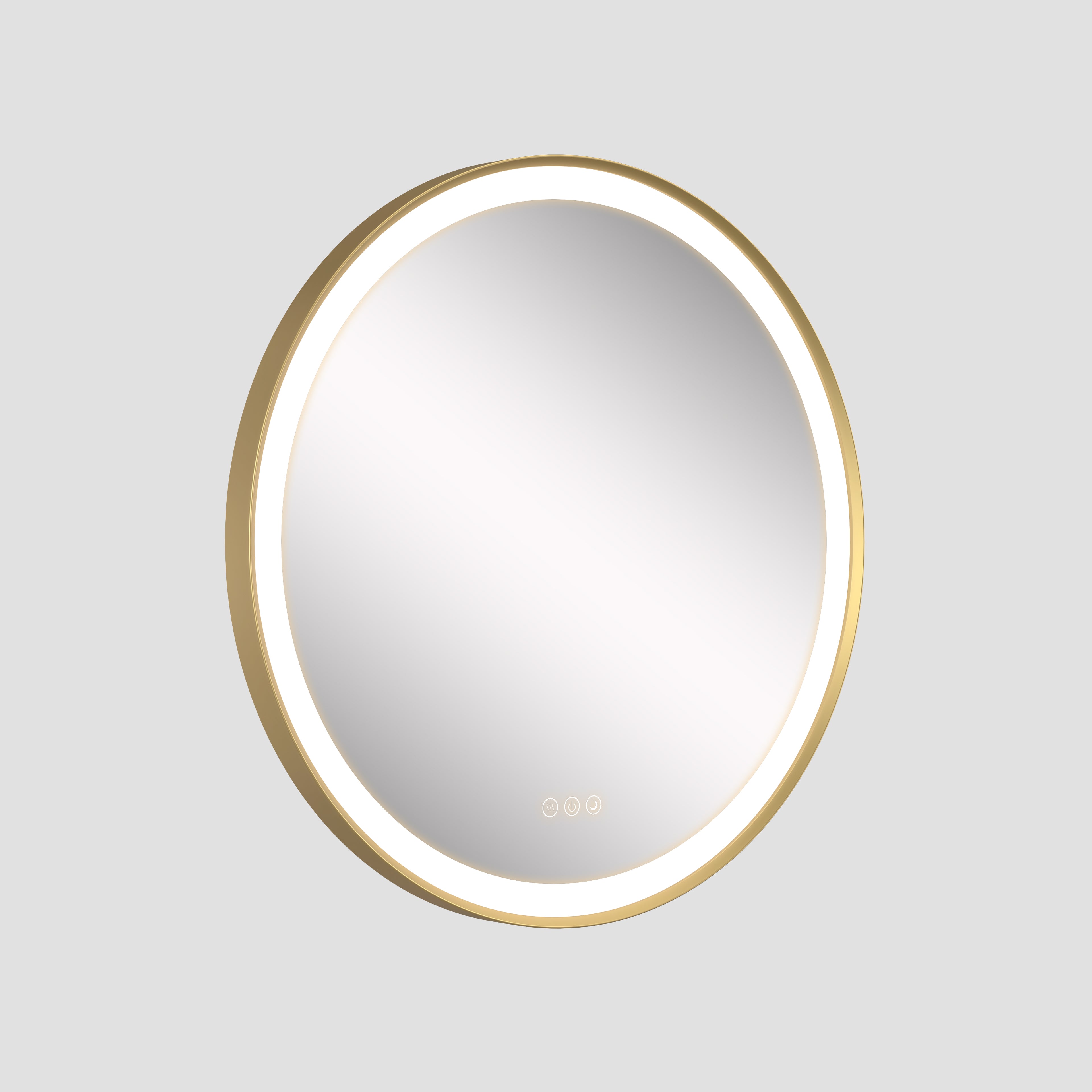 Round mirror with gold frame on a light gray background