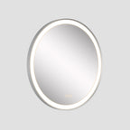 Round illuminated mirror on a light gray background