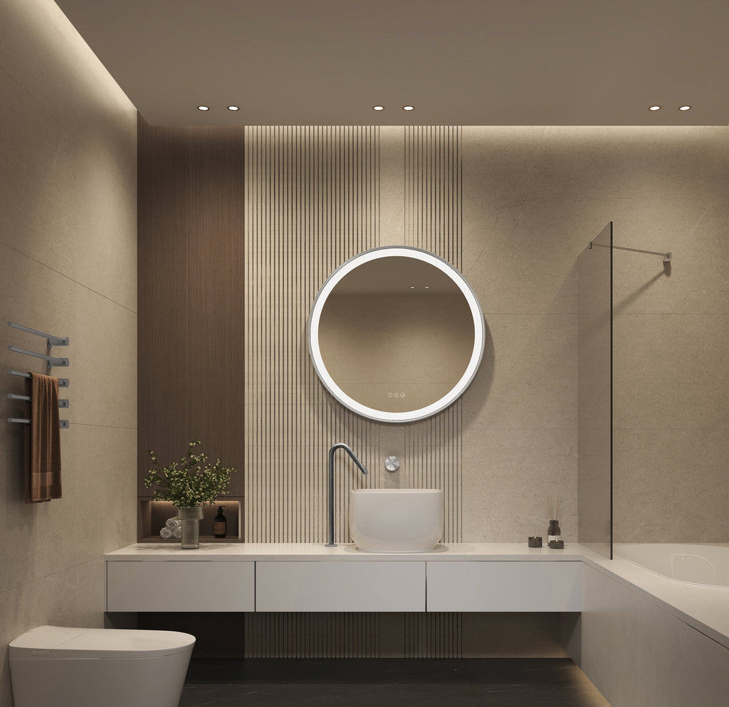 Elston 28" round front lit LED mirror with Brushed Silver frame