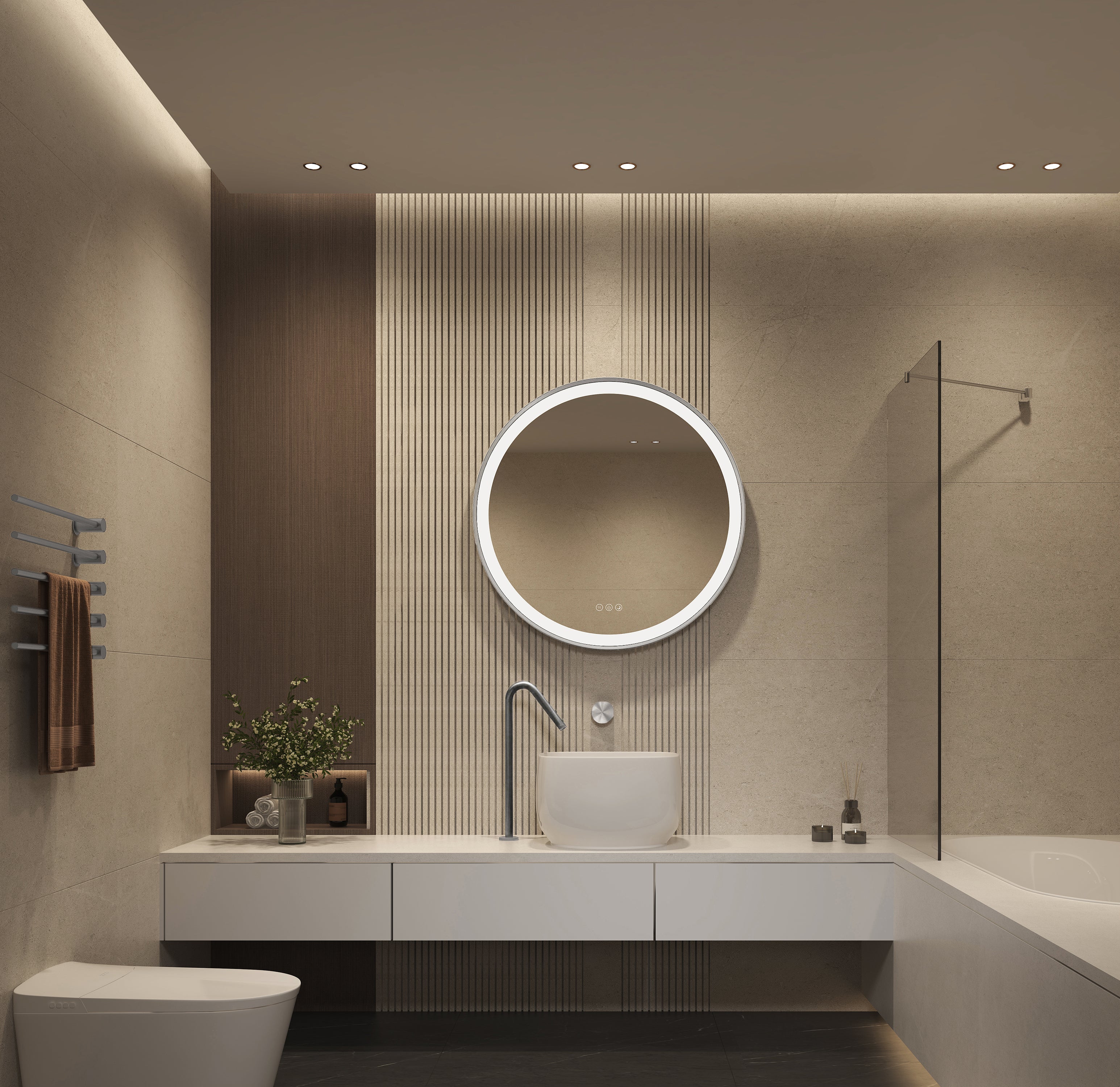Elston 28" round front lit LED mirror with Brushed Silver frame
