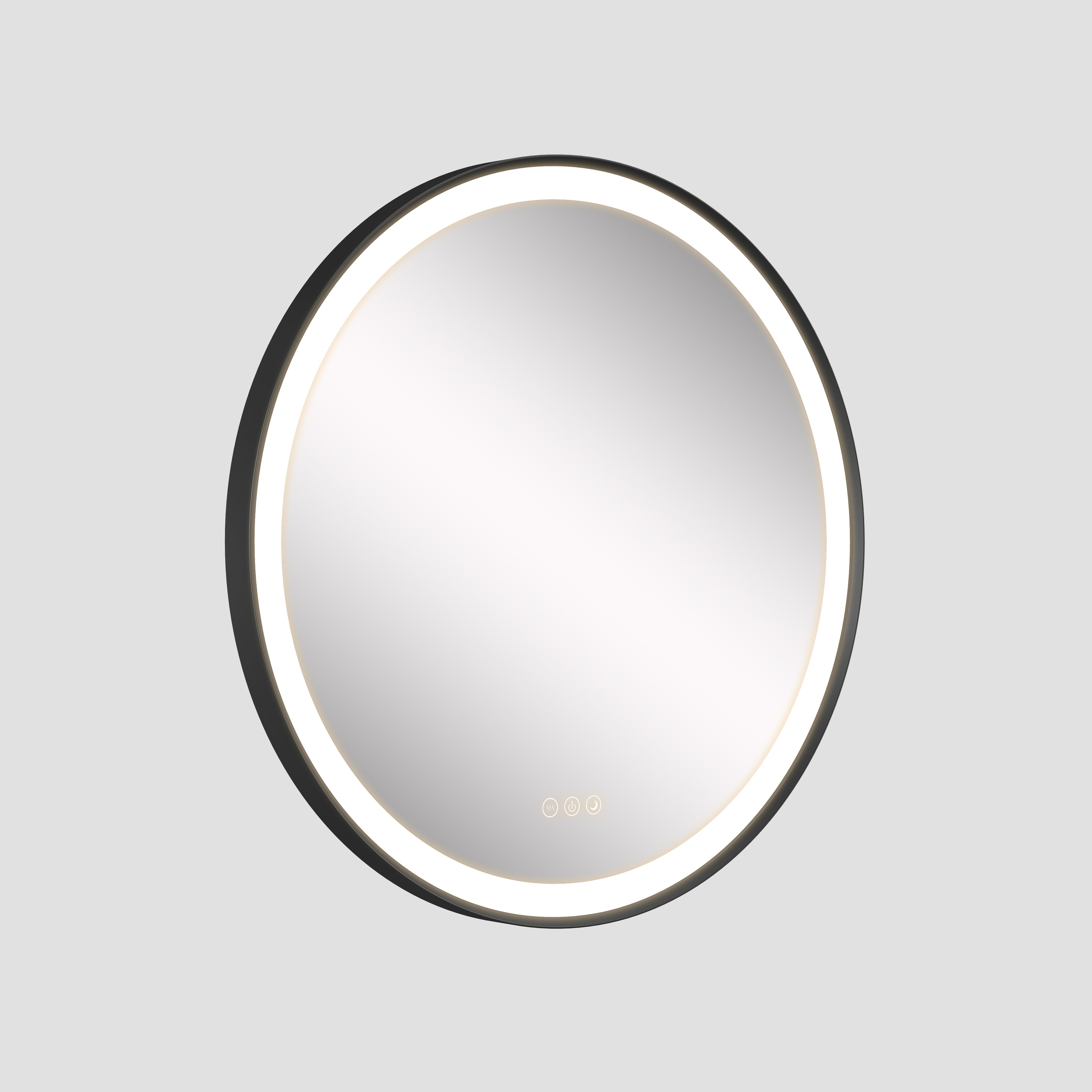 Round illuminated wall mirror on a light gray background