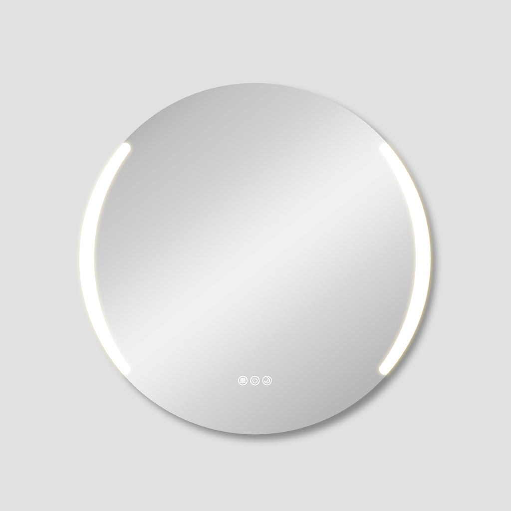 Round mirror with a silver frame on a light gray background