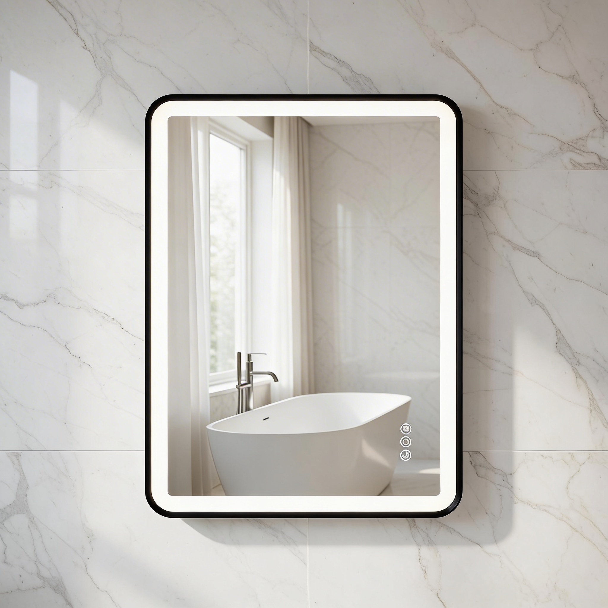 Bathroom mirror with lighted LED rectangle Mirror on a marble wall