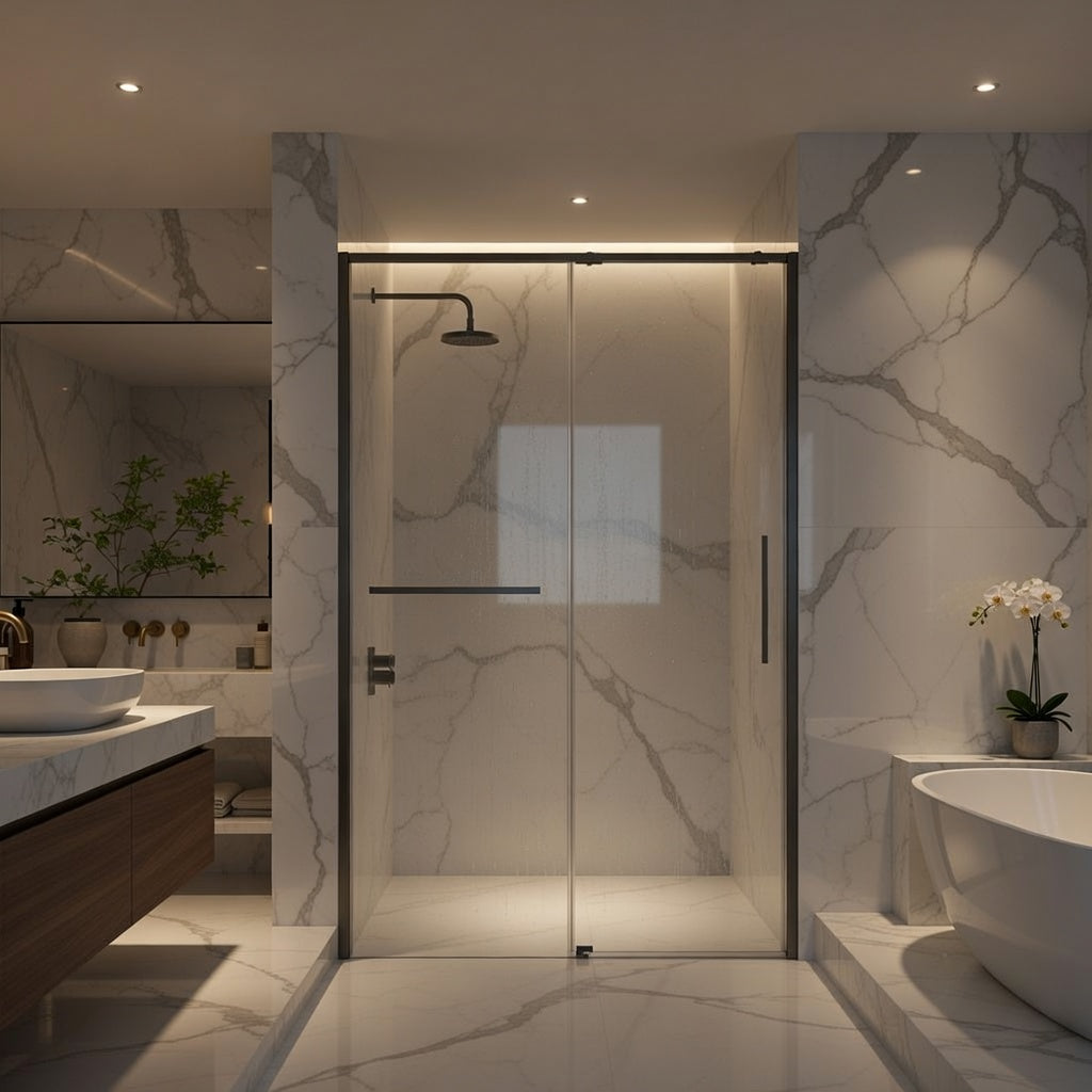 Modern bathroom with marble walls, a shower enclosure, and a bathtub.