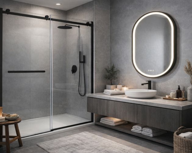 Modern bathroom with shower, sink, and mirror
