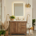 LED rectangle mirror, Bathroom vanity with wooden cabinet, mirror, and decorative elements. 