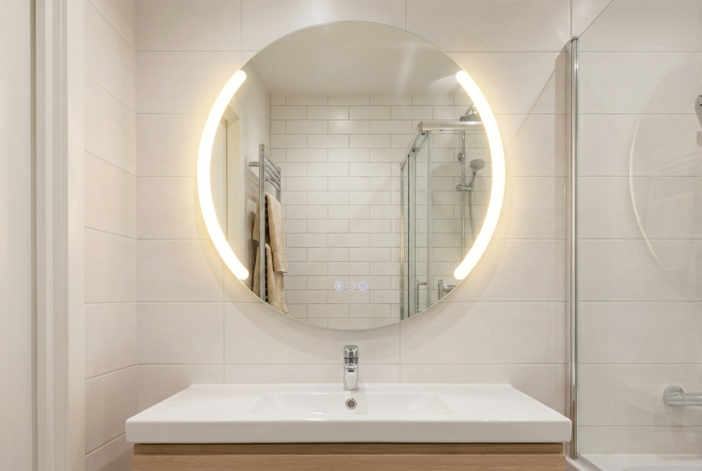 Modern bathroom with a round illuminated mirror above a sink.