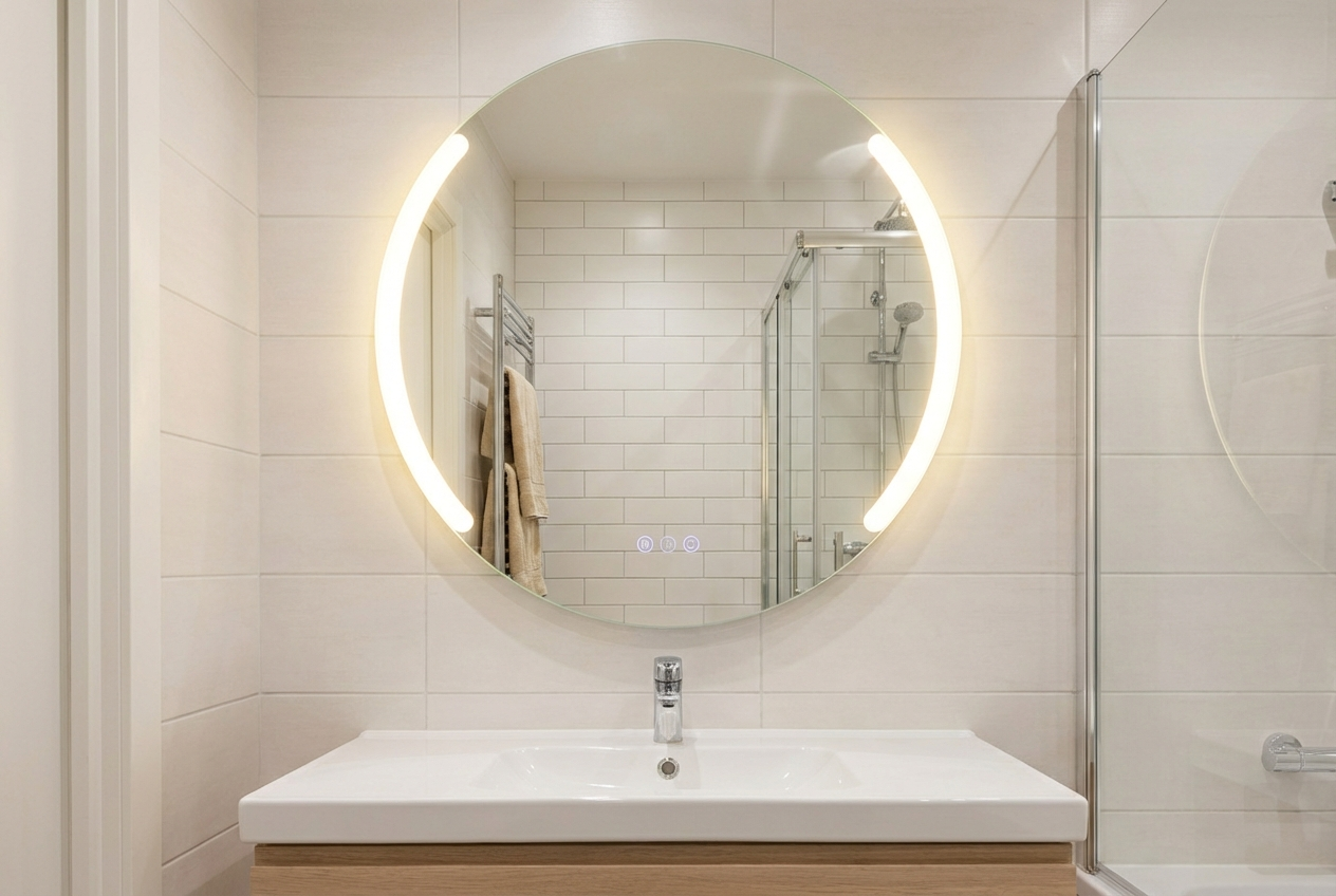 Modern bathroom with a round illuminated mirror above a sink.