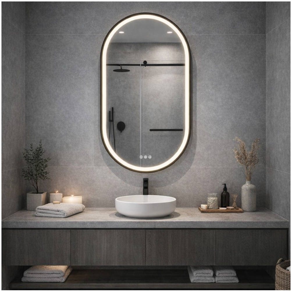 Elston 22" x 32" pill front lit LED mirror with Matte Black frame