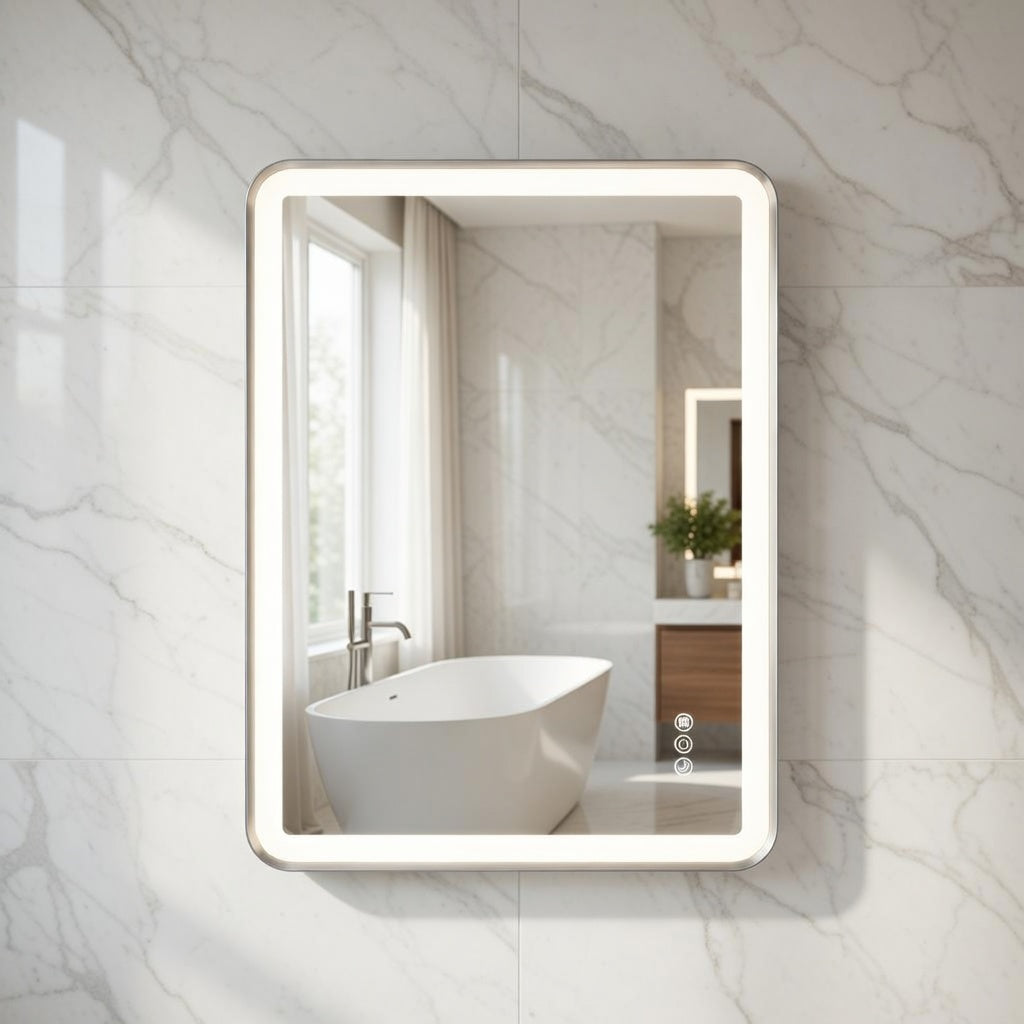 Bathroom with a illuminated LED mirror reflecting a bathtub and window.