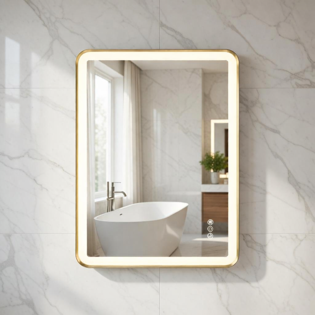Bathroom with a large illuminated mirror reflecting a modern bathroom setup.