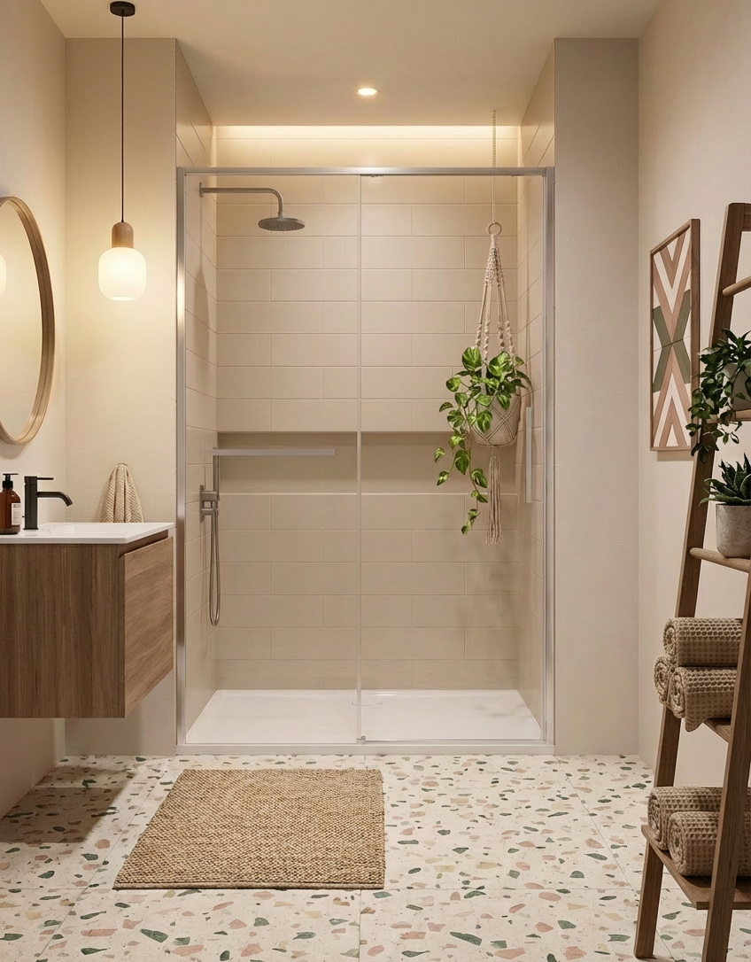 Modern bathroom with shower enclosure, sink, and decorative elements.