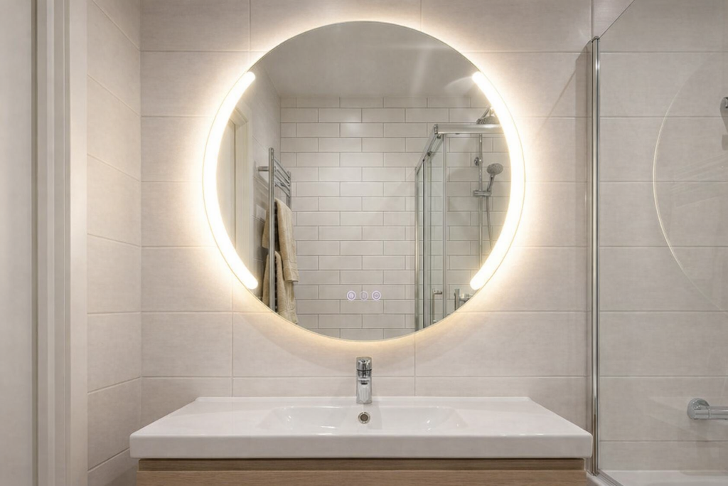 Bathroom with round illuminated mirror above a sink