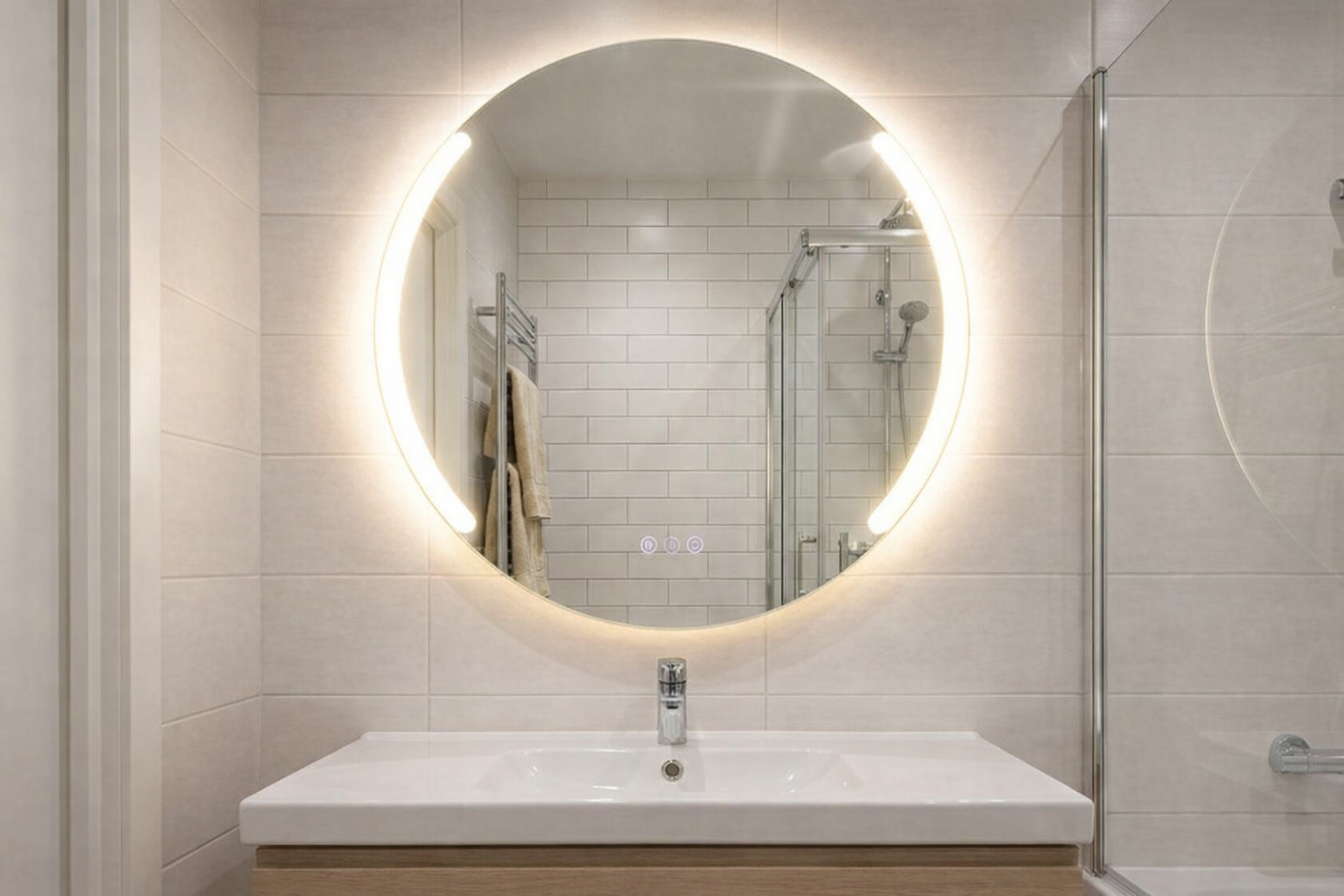 Bathroom with round illuminated mirror above a sink