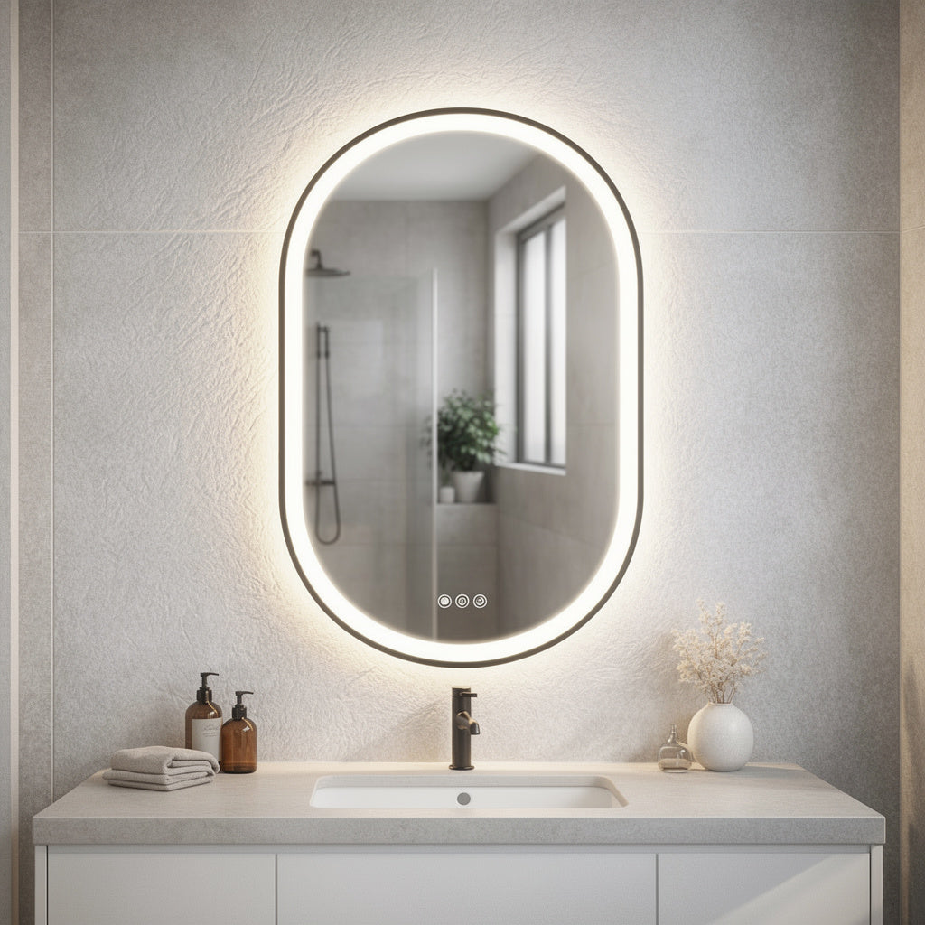Bathroom vanity with a lit oval mirror reflecting a window and shower.
