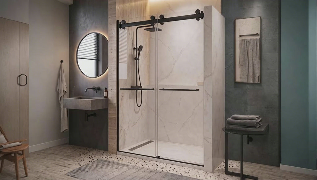 Cayton 56" - 60" Soft Close sliding Glass shower door Matte Black hardware (soft-close)