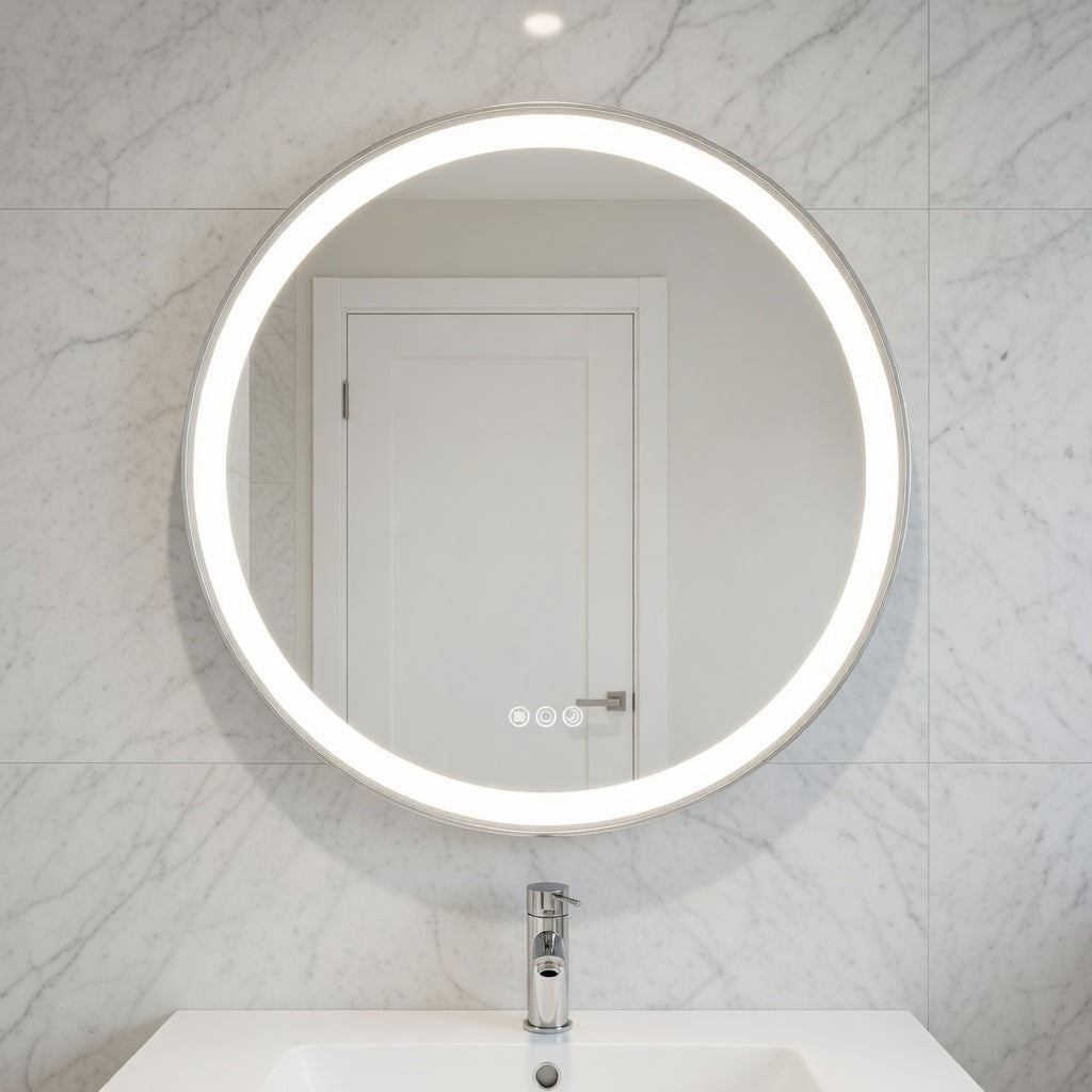 Round illuminated bathroom mirror on a tiled wall